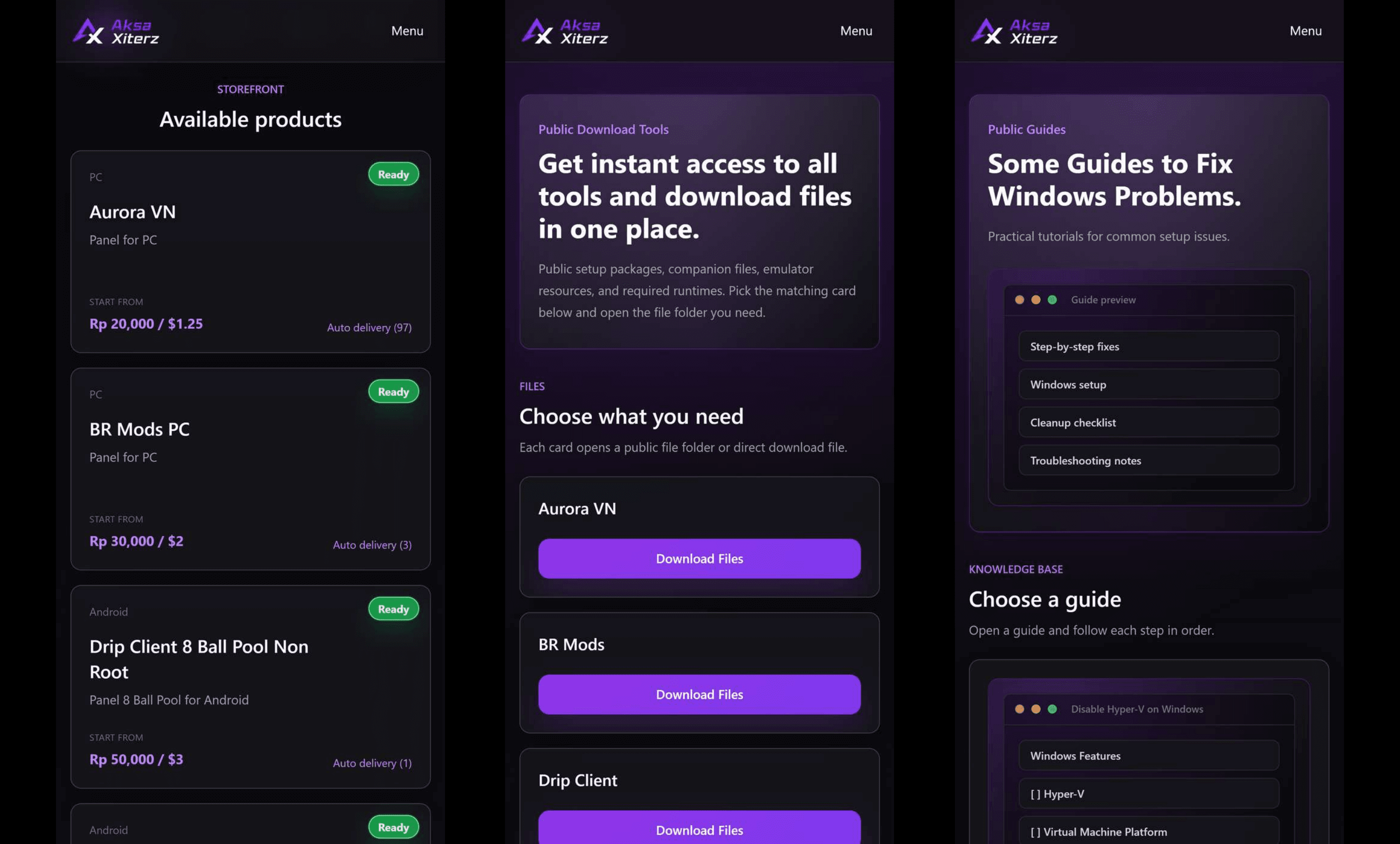 Aksa Xiterz storefront, downloads, and public guides interface flow