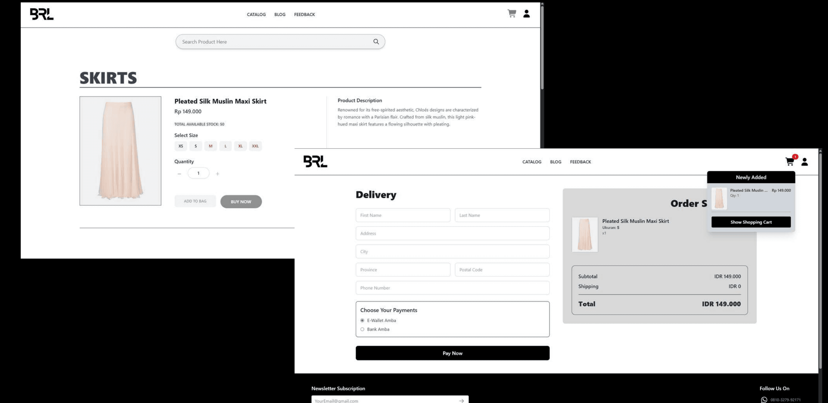 BRL Fashion product detail, cart, and checkout screens