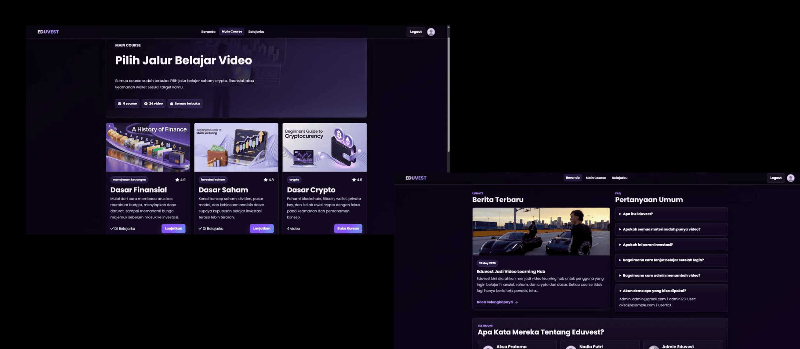 EduVest course list, news, FAQ, and learning journey screens